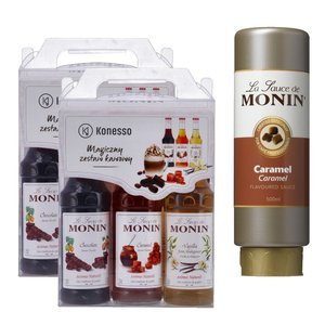 2x Zestaw kawowy Konesso Monin 3x250 ml - karmel, czekolada, wanilia + Sos CARAMEL MONIN 0,5 L - opinie w konesso.pl