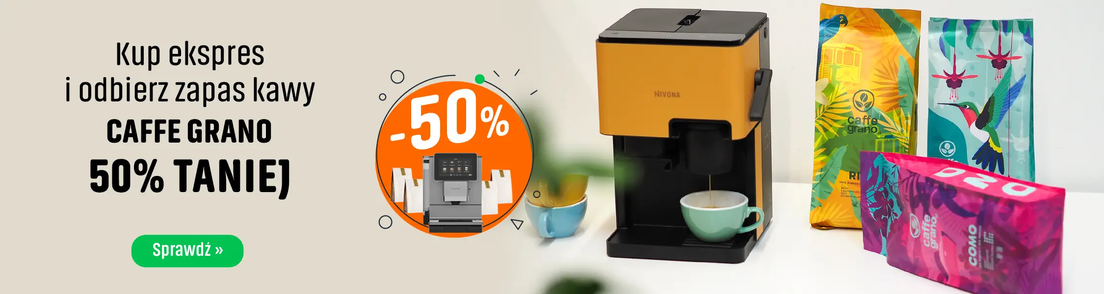 Kup ekspres i odbierz zapas kawy Caffee Grano 50% Taniej