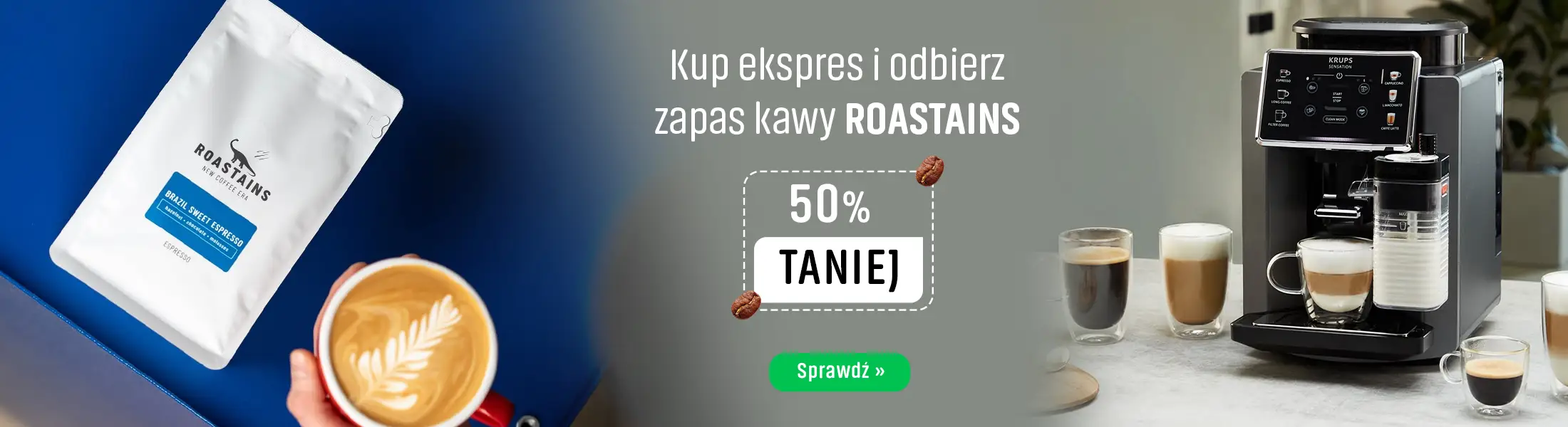 Kup ekspres i odbierz zapas kawy Roastains 50 % Taniej