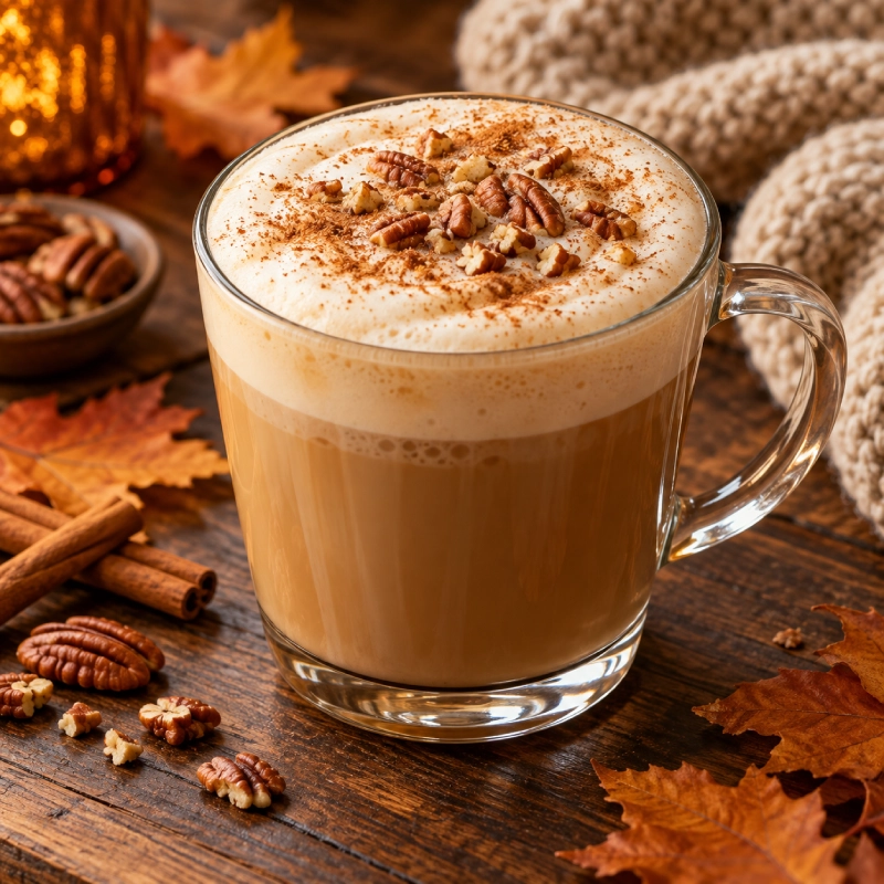 Cynamonkowo-karmelowe latte z orzechami pekan, Jacobs Sweet Caramel i ALPRO Barista Cinnamon Roll