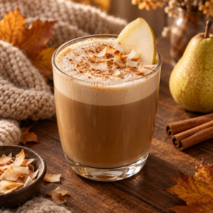 Kokosowo-karmelowe latte z gruszką, koncentratem Jacobs Sweet Caramel i ALPRO Barista Coconut