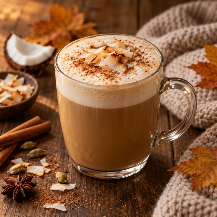 Jesienne kokosowe latte z kardamonem, koncentratem Jacobs Black Original i ALPRO Barista Coconut