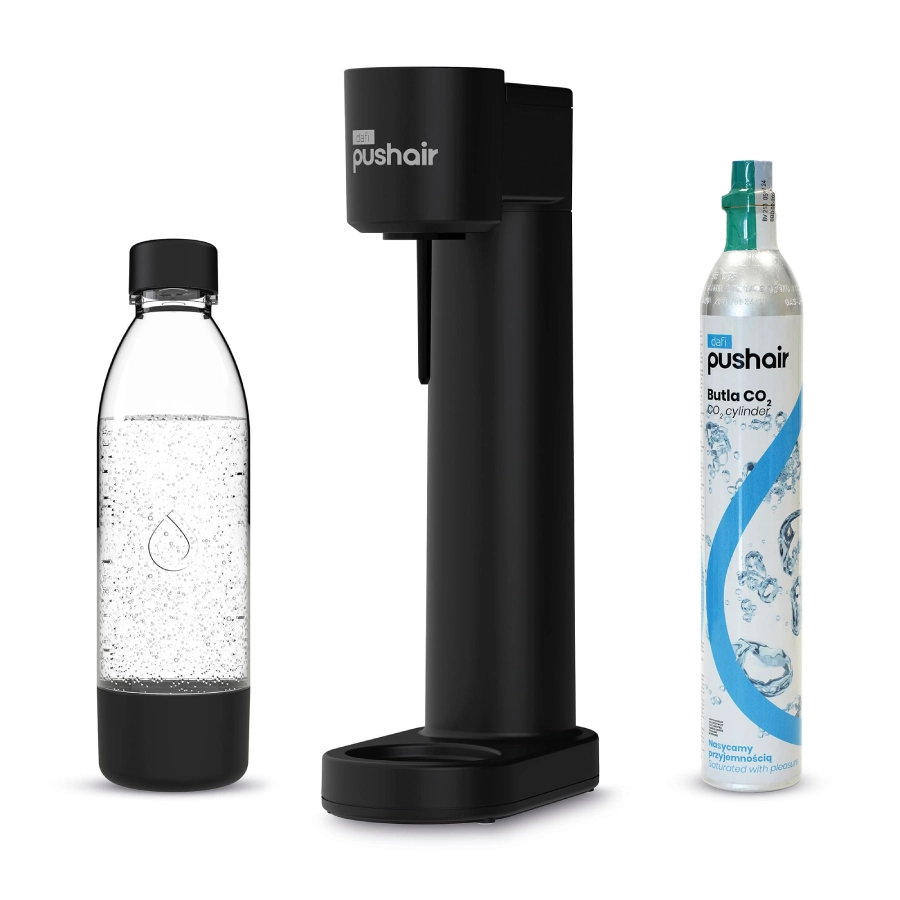 Saturator Dafi PushAir czarny z butelką i cylindrem CO2