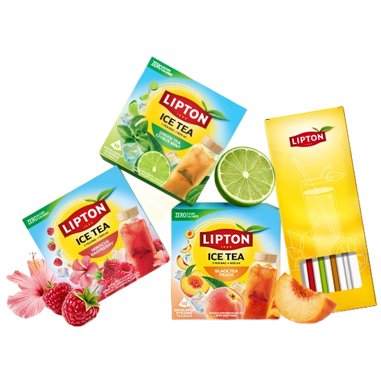 Herbaty Lipton Ice Tea: malina, cytrusy z miętą i brzoskwinia oraz szklane słomki