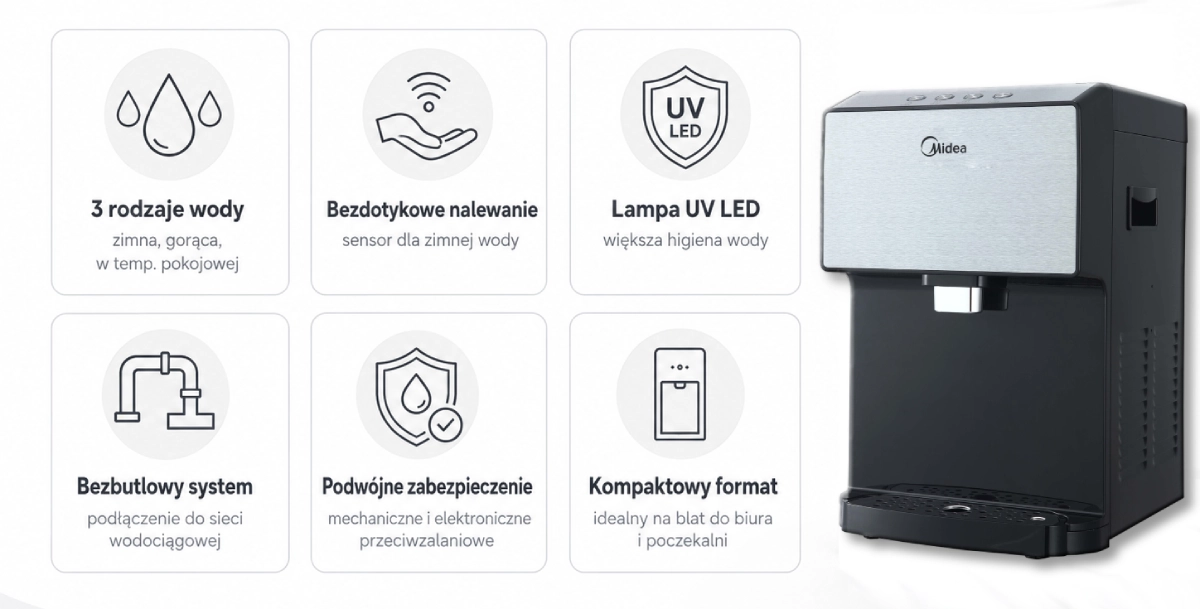 Zalety dystrybutora Midea JS1844T Silver