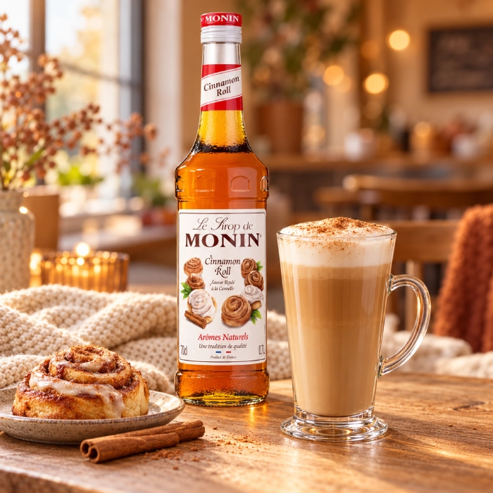 Cynamonowe latte i butelka syropu MONIN Cinnamon Roll
