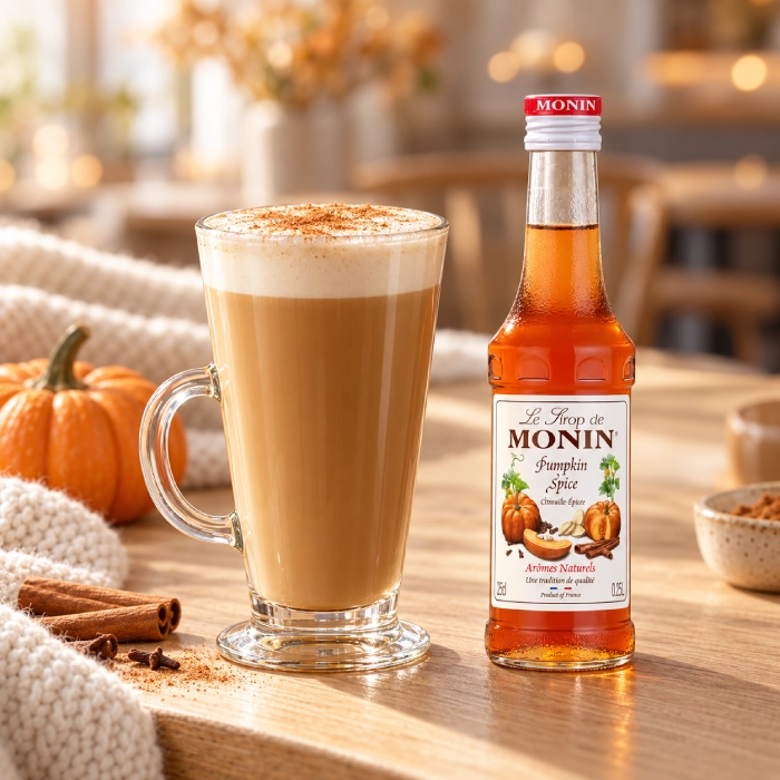 Pumpkin Spice Latte obok syropu MONIN Pumpkin Spice