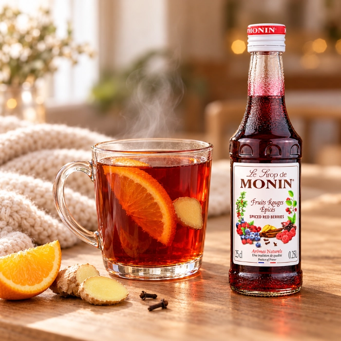 Herbata z pomarańczą i imbirem obok syropu MONIN Spiced Red Berries