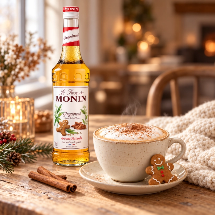 Piernikowe cappuccino obok syropu MONIN Gingerbread