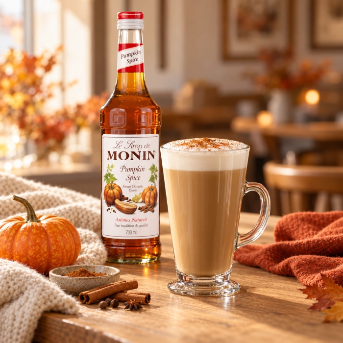 Pumpkin Spice Latte obok syropu MONIN Pumpkin Spice
