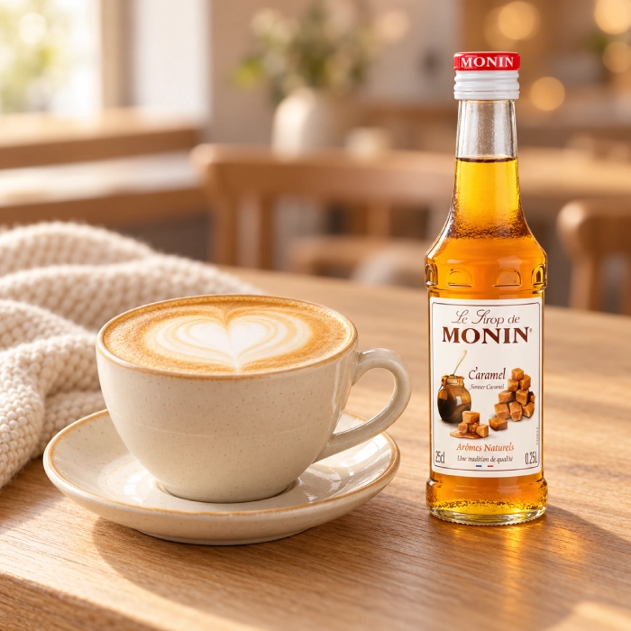 Karmelowe cappuccino i butelka MONIN Caramel 250 ml
