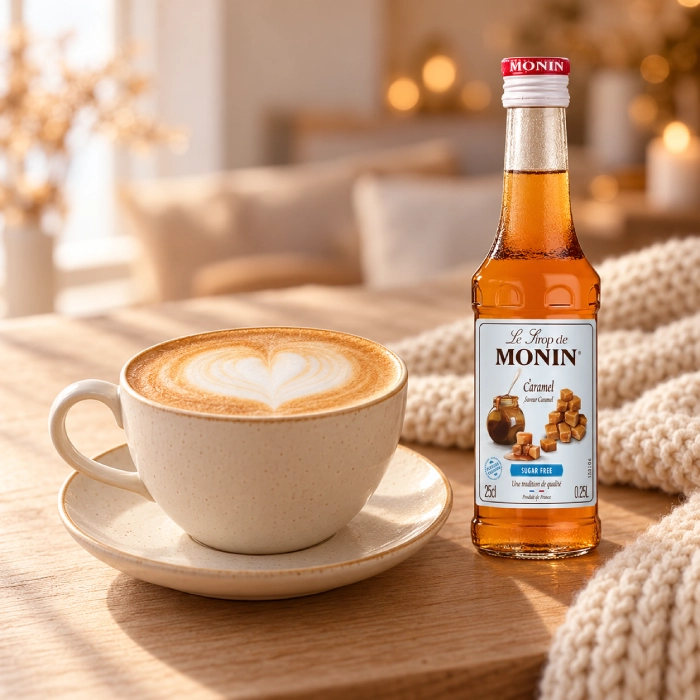 Karmelowe cappuccino i butelka MONIN Caramel Sugar Free 250 ml