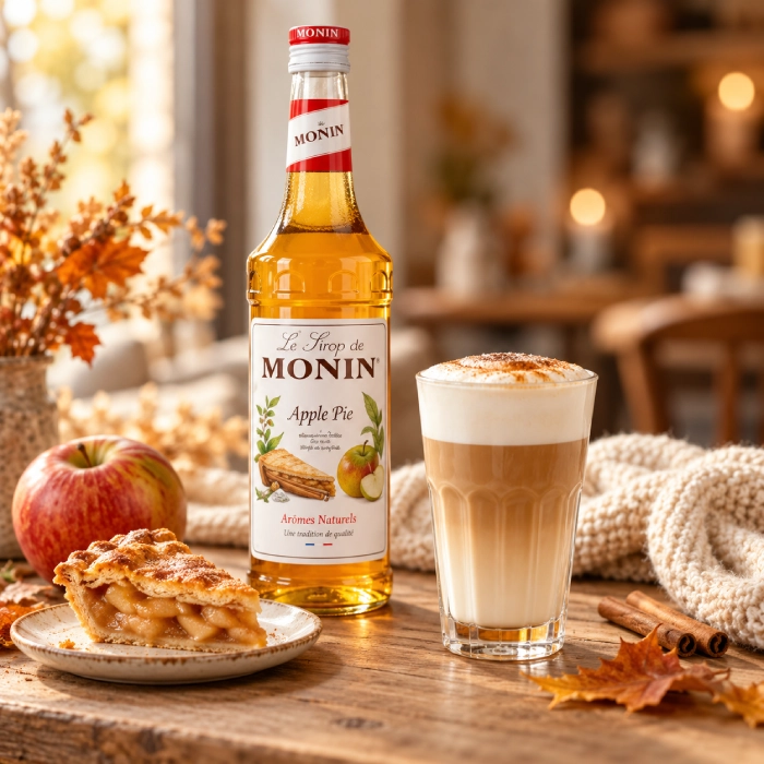 Szarlotkowe latte obok butelki syropu MONIN Apple Pie