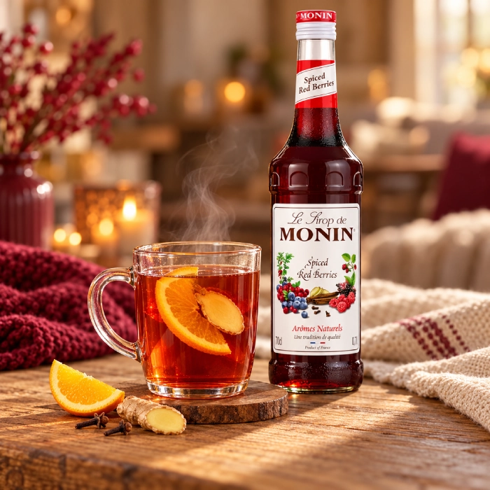 Herbata z pomarańczą i imbirem obok syropu MONIN Spiced Red Berries