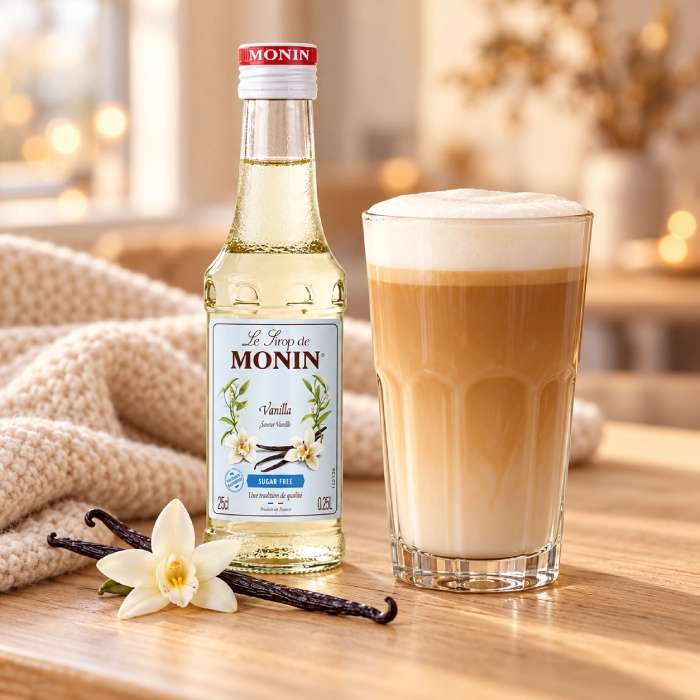 Waniliowe latte obok butelki syropu MONIN Vanilla Sugar Free 250 ml