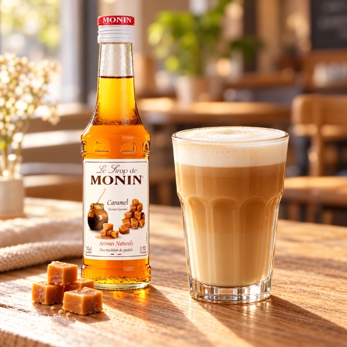 karmelowe latte i butelka MONIN Caramel 250 ml