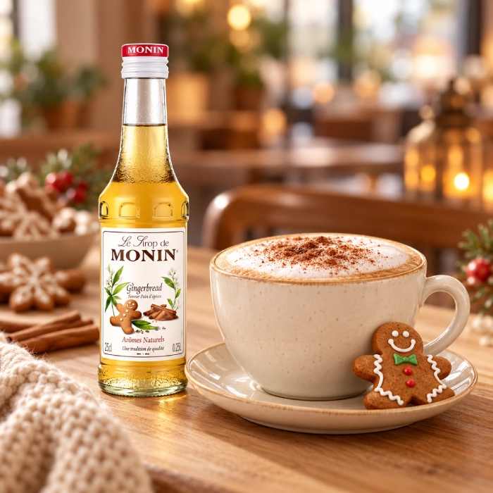 Piernikowe cappuccino obok syropu MONIN Gingerbread 250 ml