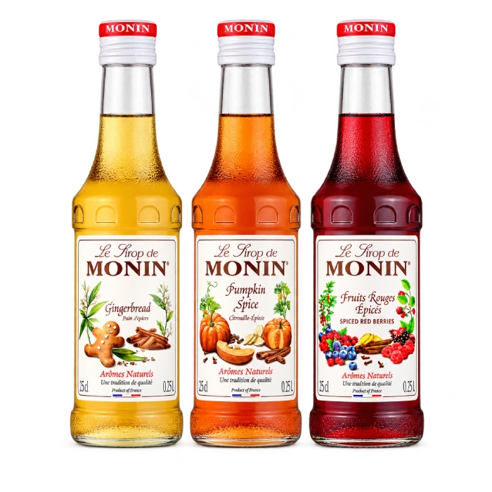 Zestaw trzech syropów MONIN po 250 ml: Gingerbread, Pumpkin Spice i Spiced Red Berries