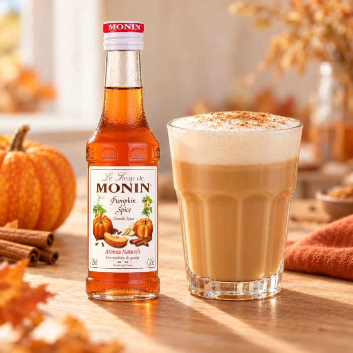Pumpkin Spice Latte obok syropu MONIN Pumpkin Spice 250 ml