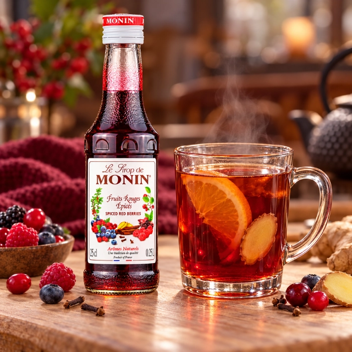 Herbata z pomarańczą i imbirem obok syropu MONIN Spiced Red Berries 250 ml