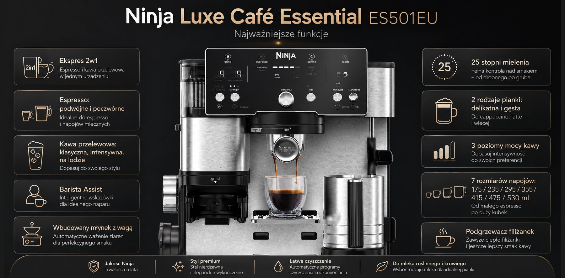 Najważniejsze funkcje ekspresu Ninja Luxe Café Essential ES501EU