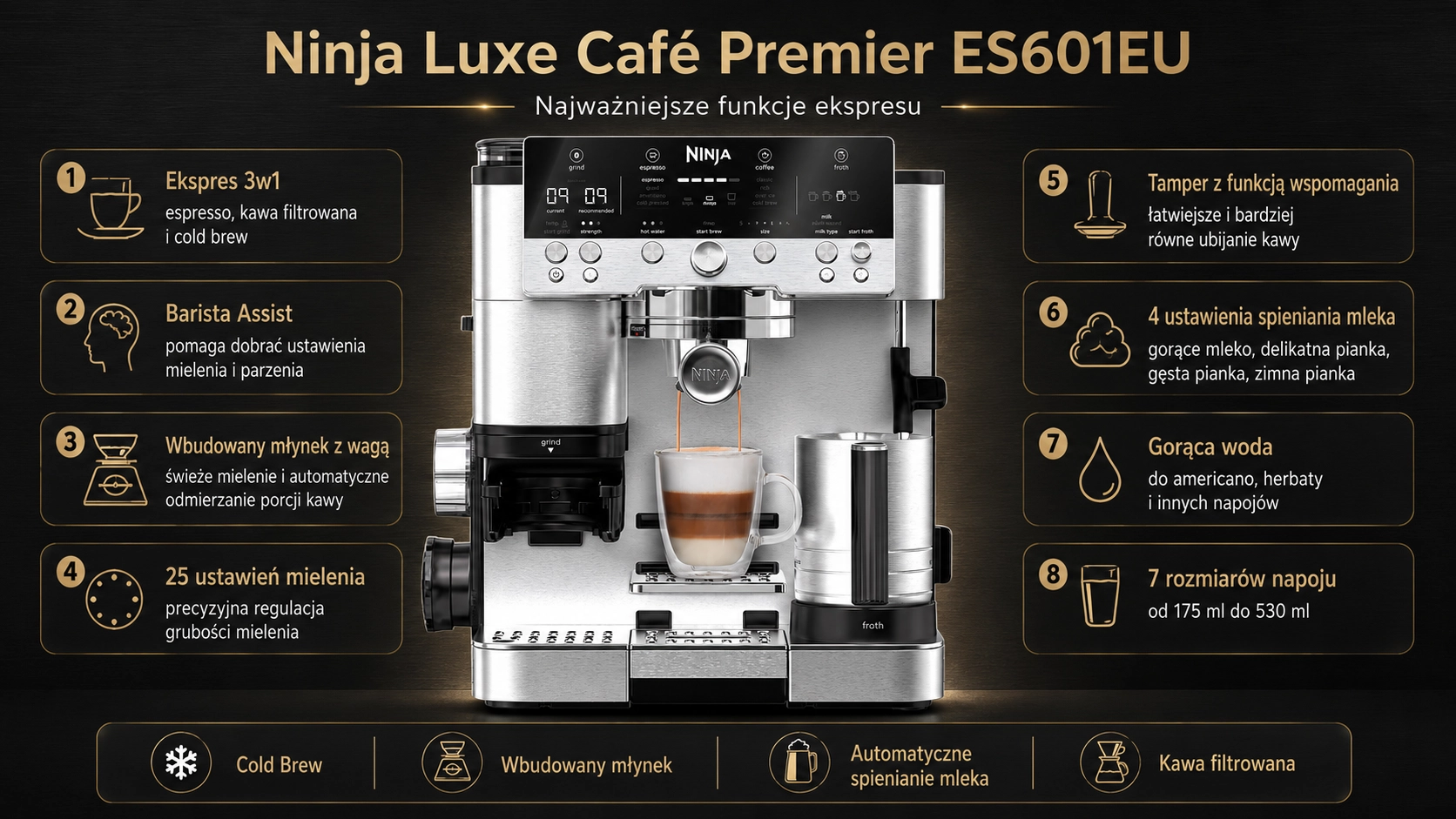 Najważniejsze funkcje ekspresu Ninja Luxe Café Premier ES601EUGM