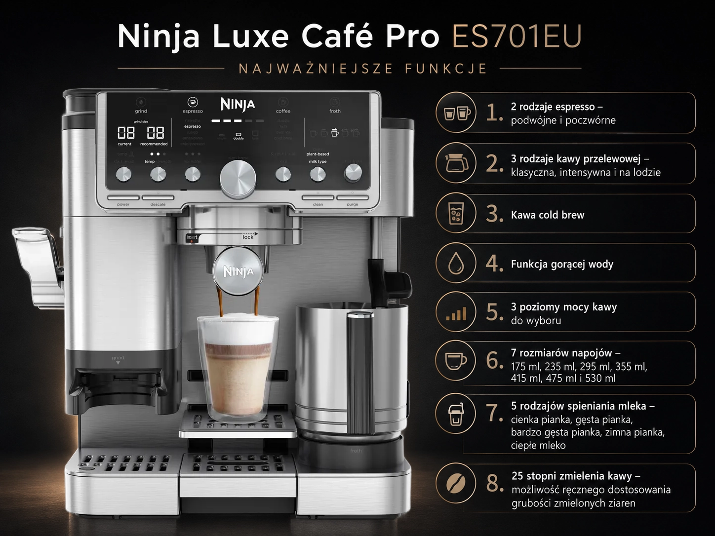 Najważniejsze funkcje ekspresu Ninja Luxe Café Pro ES701EU