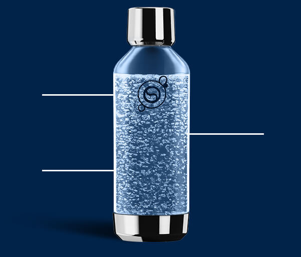 Butelka Sodastream Fresh ze stalową zakrętką i podstawą oraz liniami wskazującymi jej cechy