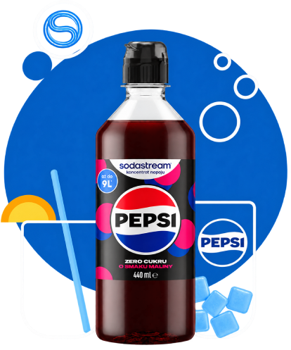 Syrop SodaStream Pepsi Raspberry Zero Cukru 440 ml ze szklanką napoju