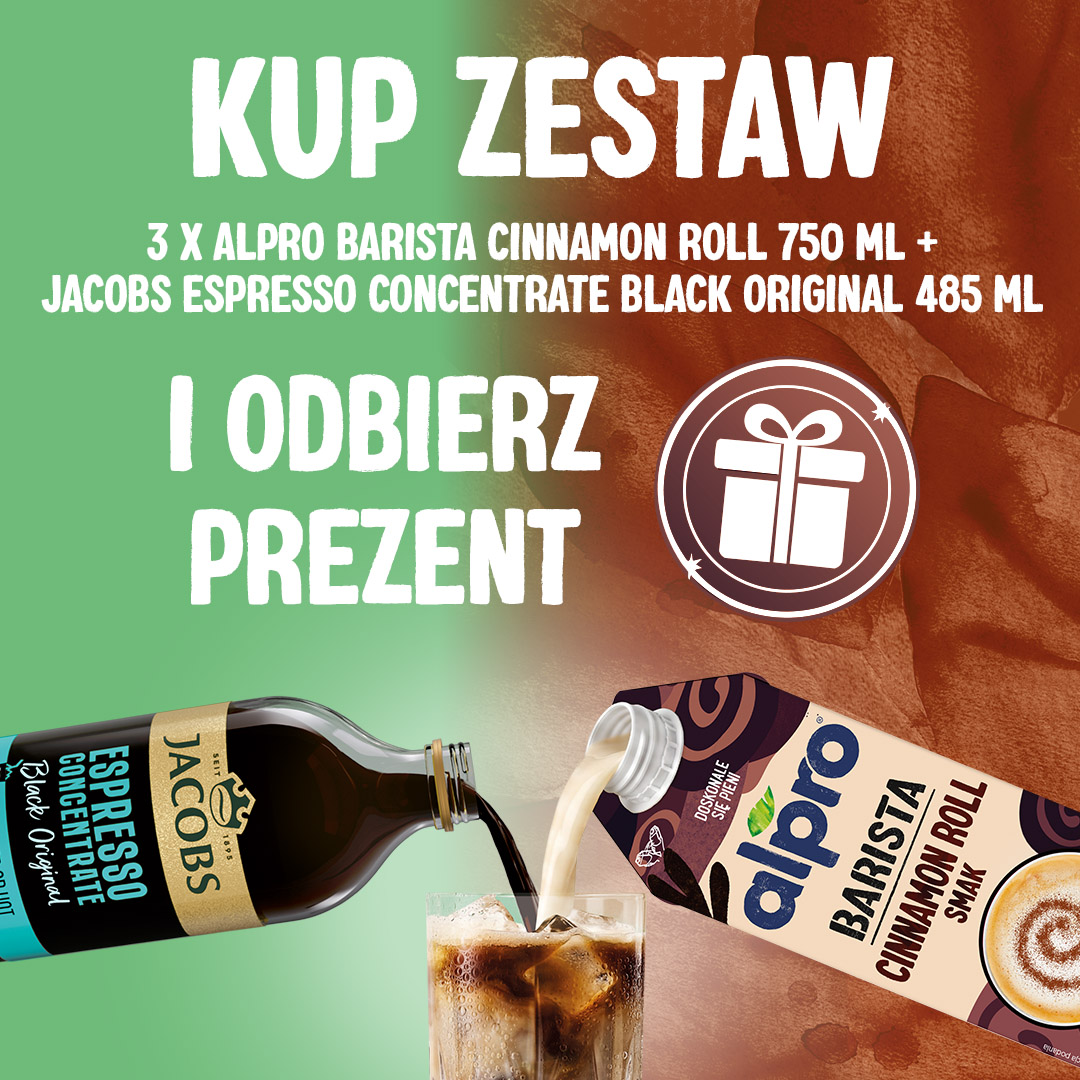 ZESTAW - Alpro Barista Cinnamon Roll Owsiano-Sojowe Cynamonka 750ml + Koncentrat kawowy Jacobs Espresso Concentrate Black Original 485ml