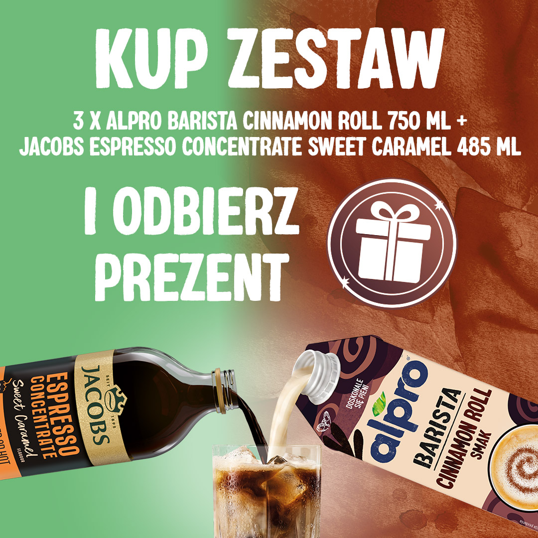 ZESTAW - Alpro Barista Cinnamon Roll Owsiano-Sojowe Cynamonka 750ml + Koncentrat kawowy Jacobs Espresso Concentrate Sweet Caramel 485ml