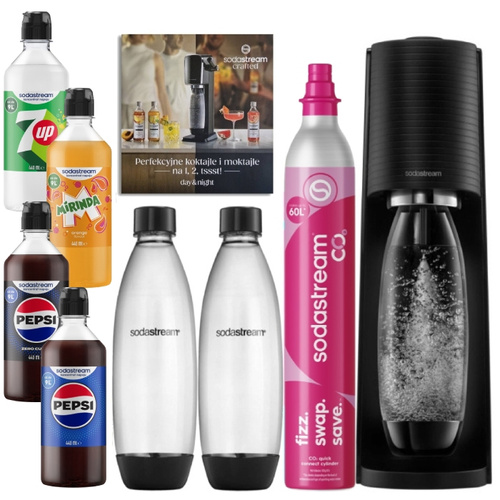 ZESTAW - Saturator do wody gazowanej SodaStream Terra - Czarny + 2 butelki + 4 syropy 440 ml + książka