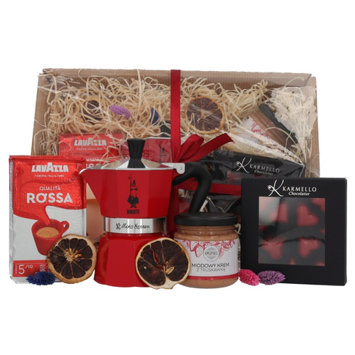 Zestaw prezentowy na walentynki - Kawiarka, kawa, miód i czekoladki