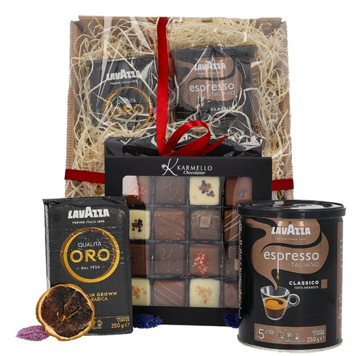 Zestaw prezentowy - Kawy mielone Lavazza i zestaw pralin Karmello