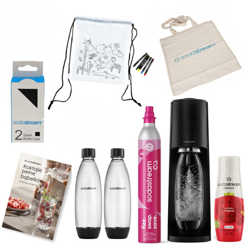 ZESTAW Saturator do wody gazowanej SodaStream Terra - Czarny + 2 butelki + Bawełniany worek + Torba + Nakrętki + Syrop SodaStream Malina + Książka
