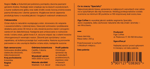 Kawa ziarnista Figa Coffee Kolumbia Huila de Caña 250g - bezkofeinowa omniroast