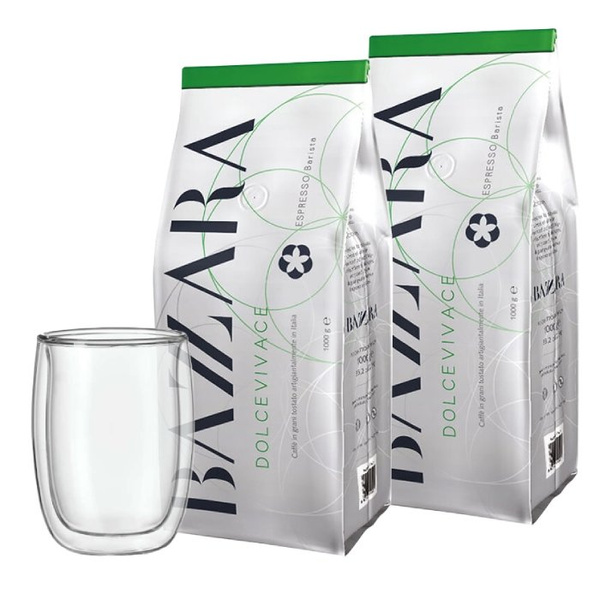 ZESTAW - Kawa ziarnista Bazzara DOLCEVIVACE 2x1kg + szklanka termiczna Cappuccino 210 ml