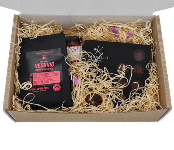 Zestaw prezentowy na walentynki - Czekoladki, kawa i miód wiśniowy