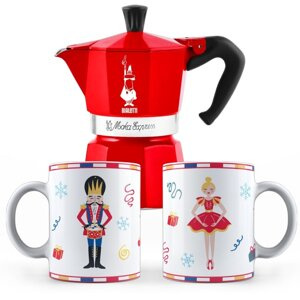 ZESTAWKawiarka Bialetti Moka Express Nutcracker Czerwona 6tz + 2 Kubki 300 ml - NIEDOSTĘPNY
