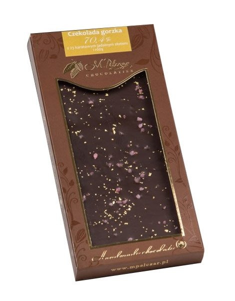 Gorzka czekolada M.Pelczar Chocolatier z 23-karatowym jadalnym złotem i płatkami róży 85g