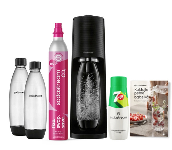 Saturator do wody gazowanej SodaStream Terra - Czarny +  2 butelki + książka + syrop 7up