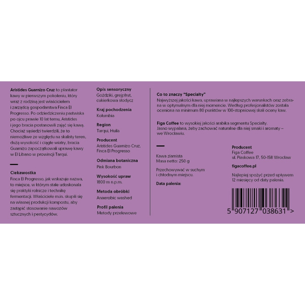 Kawa ziarnista Figa Coffee Kolumbia Artisides Guarnizo Cruz anaerobic washed 250g 