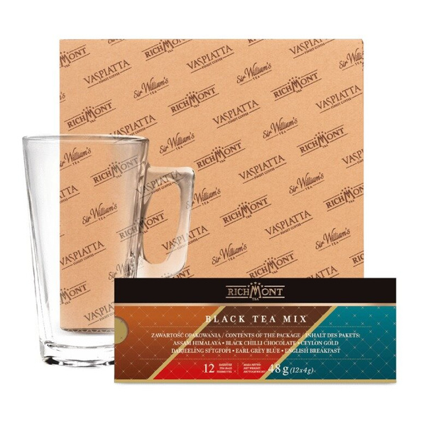 ZESTAW - MIX Czarnych Herbat Richmont 12 saszetek+ Szklanka Richmont Hot 370ml