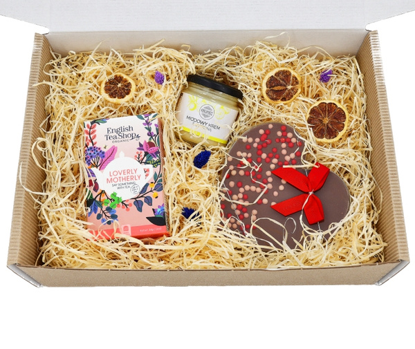 Zestaw prezentowy dla mamy z herbatą, miodem i czekoladą