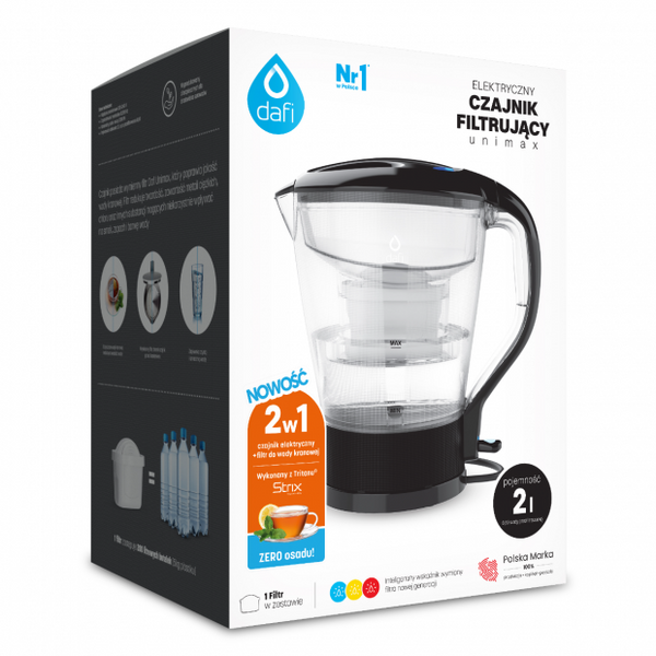 Elektryczny czajnik filtrujący Dafi 2w1 + 3 filtry Unimax do twardej wody - Czarny
