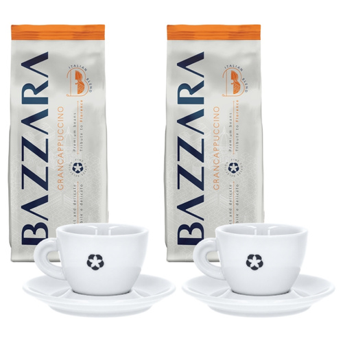 ZESTAW - 2x Kawa ziarnista Bazzara GRANCAPPUCCINO 1kg + 2x Filiżanka do cappuccino z logo Bazzara 160 ml