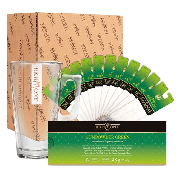 ZESTAW Herbata Richmont Gunpowder Green 12 saszeteek + Szklanka Richmont Hot 370ml