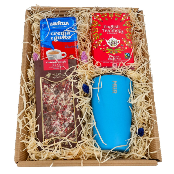 Zestaw prezentowy dla nauczyciela - Niebieski kubek, kawa, herbata i czekolada