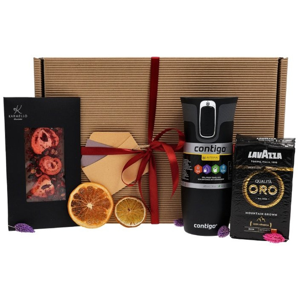 Zestaw prezentowy z kubkiem termicznym, kawą mieloną i czekoladą