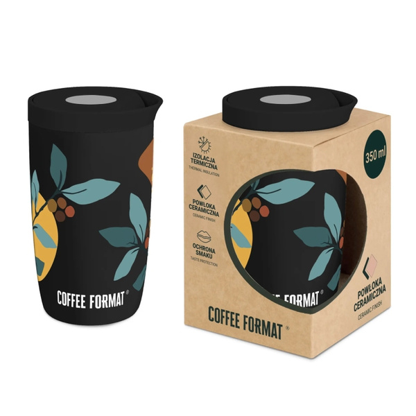 Kubek termiczny Coffee Format 350 ml - Czarny z motywem roślin